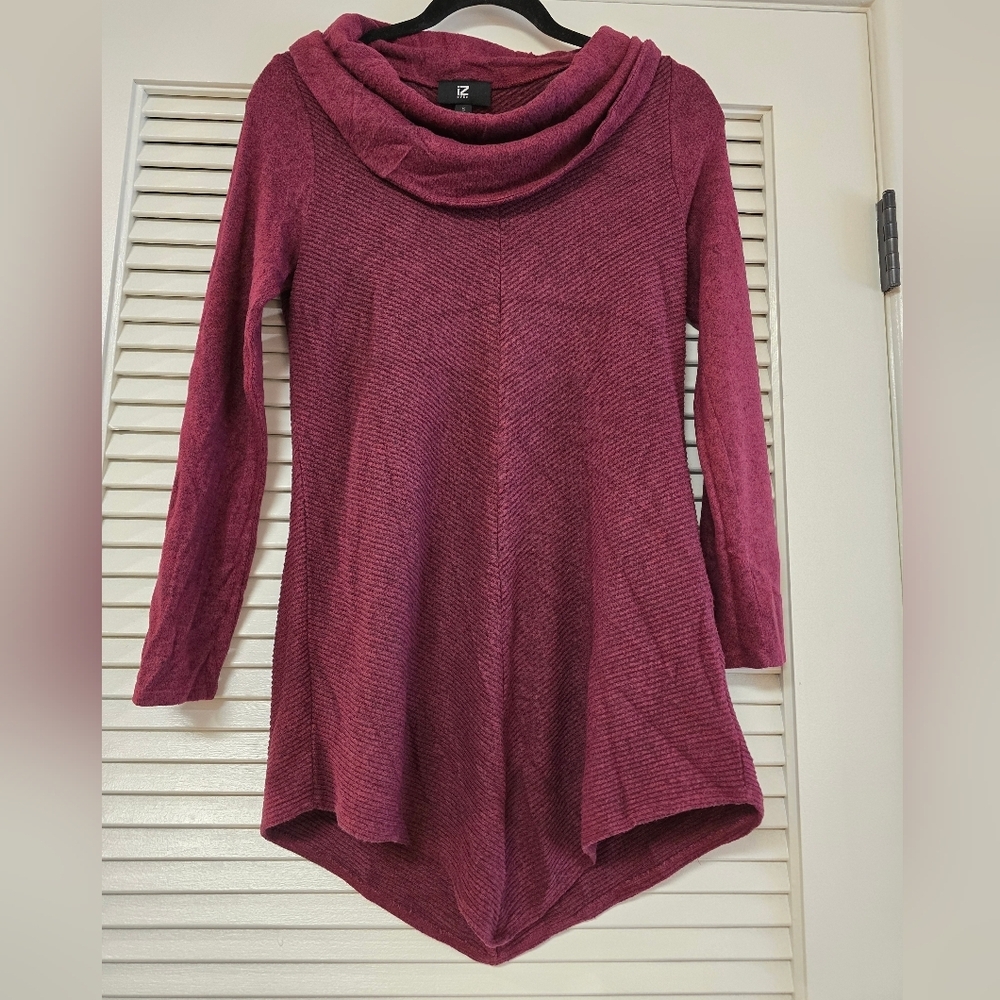 Iz Byer - Burgundy Long-Sleeve Classic Cowl-Neck Lightweight Tunic Sweater Top